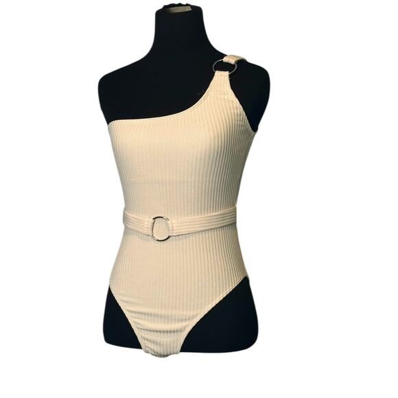 Beige ribbed one shoulder front belted one piece swimsuit size Small - Picture 10 of 14